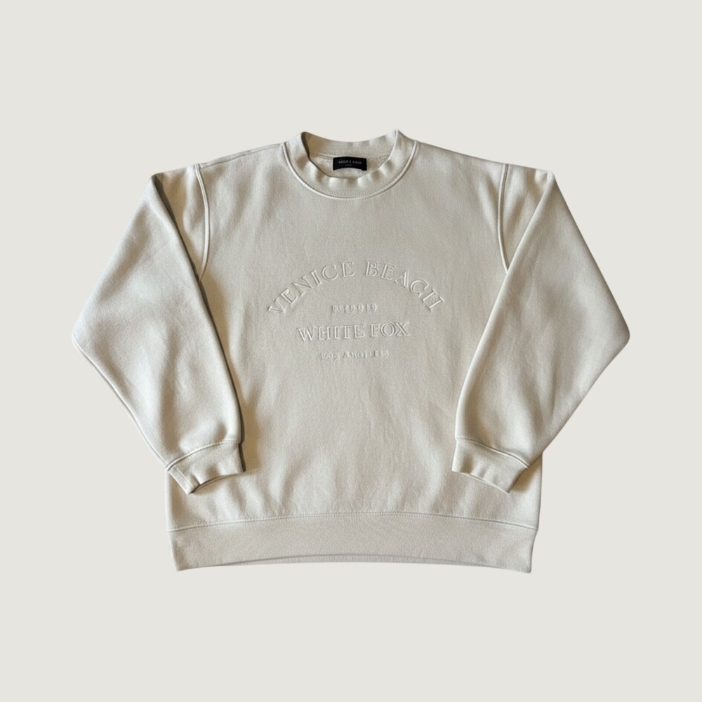 White Fox Venice Beach Crewneck Sweatshirt Cream Embossed Logo Pullover Medium